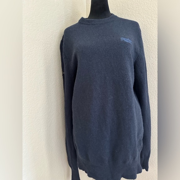 SUPERDRY Mens Sweater Sz M Blue Cashmere Blend Long Sleeve Logo - Picture 1 of 16